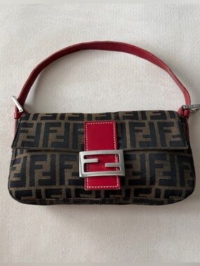 Fendi Red Leather Zucca Baguette